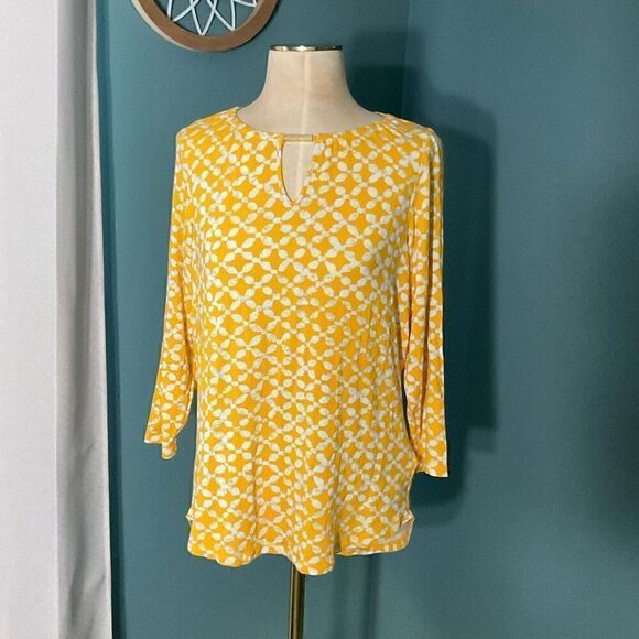 Michael Kors Womens Geometric 3/4 Sleeve Jersey Keyhole Top Yellow White Small - Picture 6 of 10